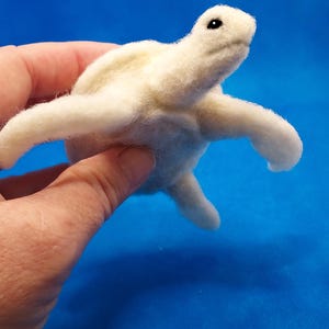 May include: A white felt turtle with black eyes. The turtle is small and is being held in a hand.