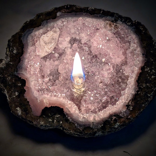 Rock Candle Aromatherapy Oil Lamp | Amethyst Geode Glowstone | Las Choyas Mexico, Crystal Boho Home Decor