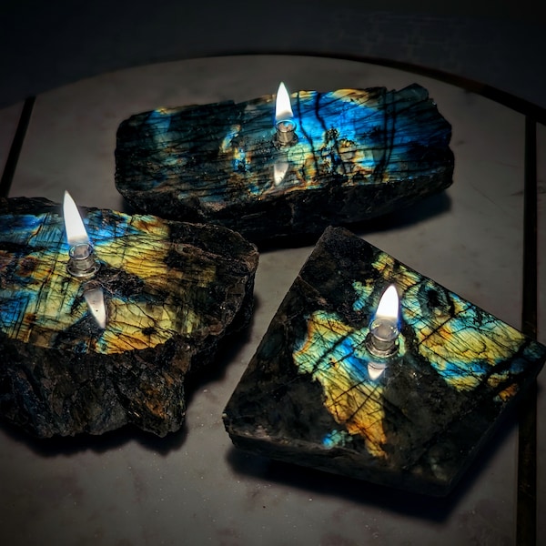 Rock Candle Aromatherapy Oil Lamp | Labradorite Glowstone | Polished Iridescent Gift | Unique Boho Home Decor