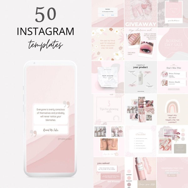 50 Makeup Skincare Engagement Templates | Pink Aesthetic Social Media with Canva | Posts and Story | Minimalist Neutral Feed | Easy to edit