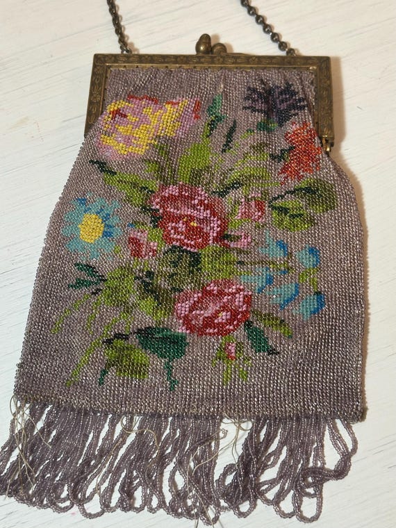 Antique Floral Victorian micro beaded handbag - Gem