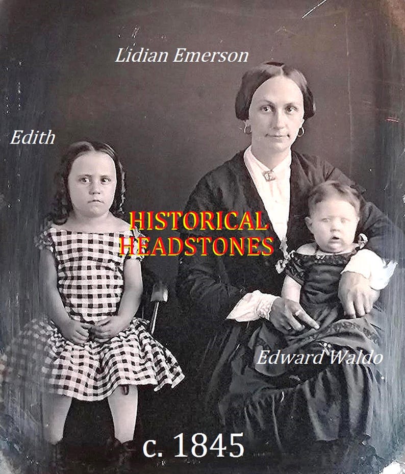 K&ouml;nnte beinhalten: Schwarz-Wei&szlig;-Fotografie einer Frau und zweier Kinder. Der Text "Historical Headstones" ist &uuml;ber das Bild gelegt. Die Namen "Edith", "Lidian Emerson" und "Edward Waldo" sind ebenfalls zu sehen, zusammen mit dem Datum "c. 1845".