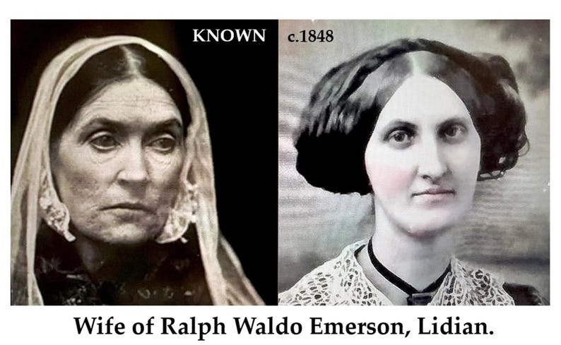 K&ouml;nnte beinhalten: Schwarz-Wei&szlig;-Fotografie aus der Zeit, die zwei Frauen zeigt. Links eine Frau mit Kopfbedeckung. Rechts eine Frau mit dunklem Haar und Spitzenkragen. Text: &bdquo;KNOWN c.1848&ldquo; und &bdquo;Ehefrau von Ralph Waldo Emerson, Lidian&ldquo;.