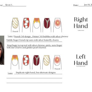 May include: A nail art design guide with instructions for a right and left hand. The design includes a 3-D thumb design, 3-D bubbles with silver chrome, French tip aura with a silver butterfly charm, syrup red with silver chrome, and a pinky aura finger with a star charm and golden pearl charms. The notes say to duplicate the right hand, but alternate the designs.