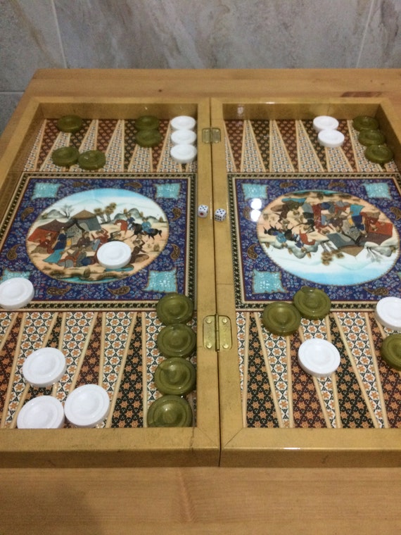 ペルシャ製 ハタムカーリー 手作り チェス＆バックギャモン ボード 手作りのペルシャ風バックギャモンセット、19.7インチ、ハタム象嵌木製