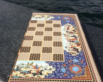 Elegante grote mozaïek handgemaakte houten schaken en backgammon Perzisch bord Khatam-set, met stukken