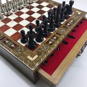 Premium Chess Board with Storage, Handmade Gifts for Him, Metal Stone Wooden Chess Set, Anniversary Gift for Husband, Christmas Gifts