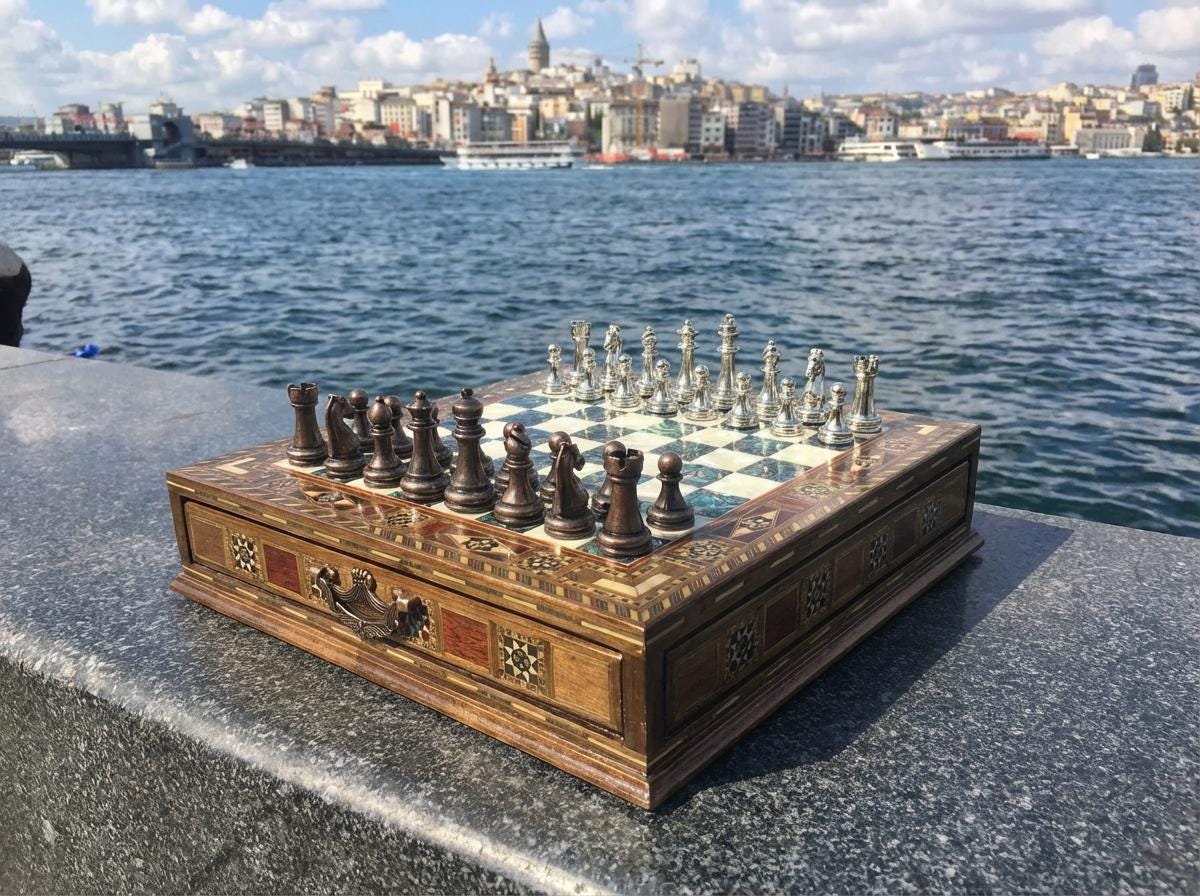 Vintage Figurine Chess Set - Wooden Board With Metal Pieces, Travel-Friendly Folding Design - View #9