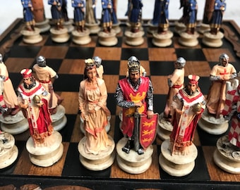 Juego de ajedrez de los Cruzados de lujo, tablero vintage de nogal macizo hecho a mano, temática medieval templaria.