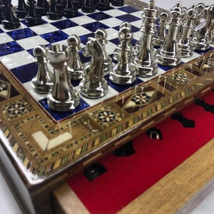 Personalized Handmade Chess Set,  Wooden Chess Set with Storage, Gifts for Him Chess Board and Pieces, Metal Chess Pieces, Birthday Day Gift