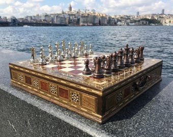 Handmade Wooden Chess Set with Metal & Stone Pieces, Rose Board