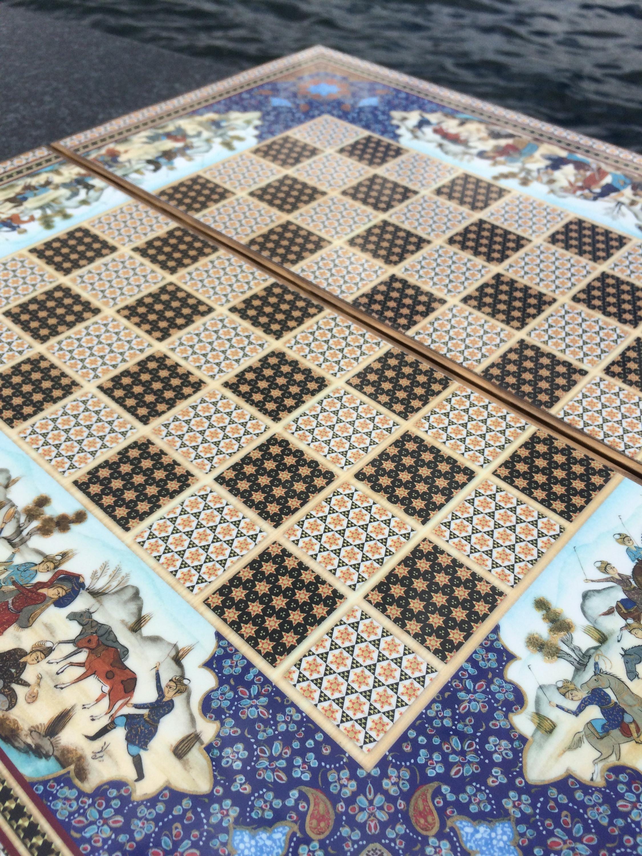 手作りのペルシャモザイクバックギャモンセット：高級Khatamデザイン