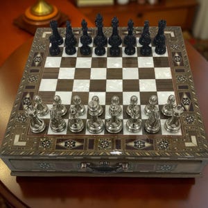 Luxury Handmade Chess Set, Christmas Chess Gift, Chess Set, Chess Board and Pieces, Wooden Chess Set with Storage, Handmade Chess Set