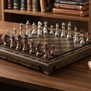 Peut inclure: Un jeu d'échecs composé d'un plateau en bois sombre aux bords sculptés avec une grille de carrés alternés sombres et clairs. Le jeu comprend des pièces d'échecs en métal argenté et bronze disposées dans leurs positions de départ.