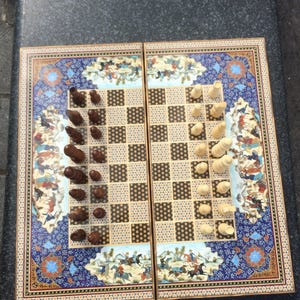 Large  Persian Khatam Design, Handmade Wooden Chess & Backgammon Board Khatam Set, with Pieces