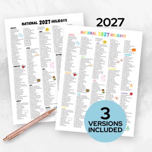 2027 National Days Calendar Printable, Wacky Holidays List, Silly 365 Fun Days To Celebrate, Social Media Ideas, Homeschool 1 Page Planner