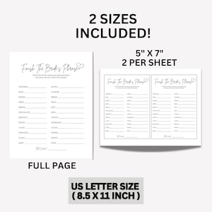 May include: Printable bridal shower game, "Finish the Bride's Phrase", with two sizes included: 5 x 7 inches (2 per sheet) and 8.5 x 11 inches (full page).