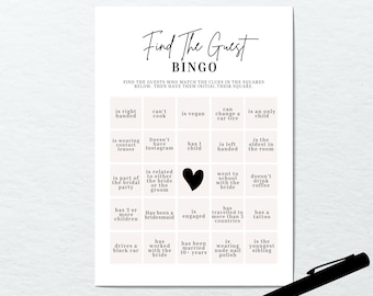 Find The Guest Bingo Wedding Shower Game, Bridal Shower Games Find The Guest Who, Printable Bridal Shower Bingo Game, Ice Breaker Minimalist