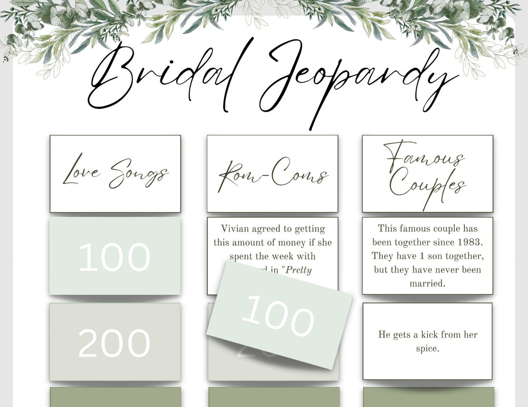 Bridal Shower Jeopardy Printable Game Bachelorette Jeopardy Game Cards