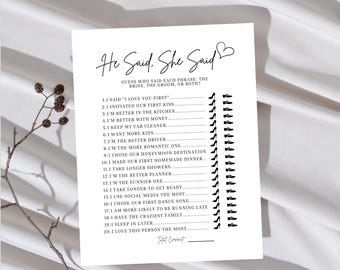 He Said She Said Bridal Shower Game, He Said She Said Bride and Groom Game, Who Said It Wedding Shower Game Printable, Digital Download PDF