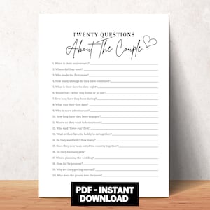 20 Questions About The Couple Game Printable, Couples Shower Games, How Well Do You Know The Couple, Who Knows The Couple Best? Wedding Game