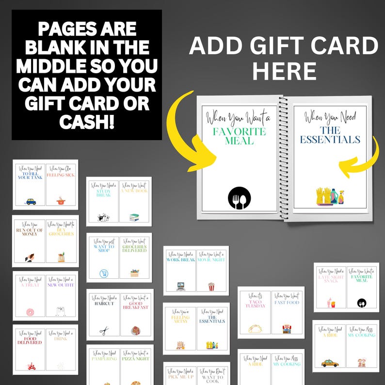 May include: A printable meal planner with a colorful design. The planner has two sections: "When You Want a Favorite Meal" and "When You Need the Essentials". The pages are blank in the middle so you can add a gift card or cash.