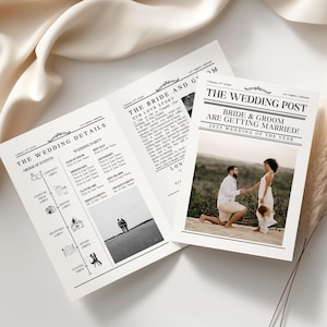 Programma di nozze in formato giornale modificabile e piegato, modello di giornale di nozze personalizzato con foto, modello di giornale di nozze piegato a metà personalizzato su Canva, itinerario di nozze fai da te