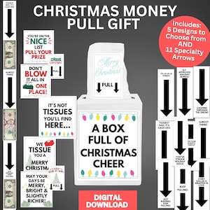 May include: A white box labeled "A Box Full of Christmas Cheer" with a pull-out design for money. Includes various designs and arrows with text like "Merry Christmas" and "Digital Download."