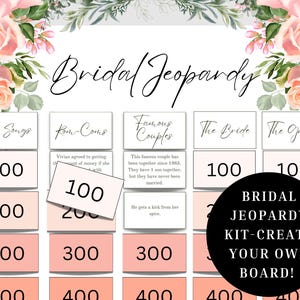 Afdrukbare game vrijgezellenfeest Jeopardy vrijgezellenfeest spelkaarten-Bridal Jeopardy Kit poster game pdf-vragen