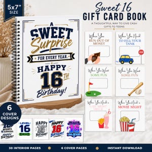 May include: A 5x7 inch spiral-bound Sweet 16 gift card book with a white cover featuring navy and gold text reading A Sweet Surprise For Every Year Happy 16th Birthday. Includes six interior card designs with illustrations for various occasions.