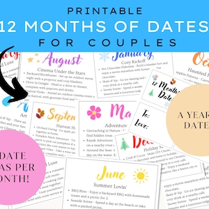 Afdrukbare kaarten met 12 maanden datum - een jaar vol datums Cadeau voor koppels - Kaarten met 12 maanden datum - Instant download cadeau voor koppels