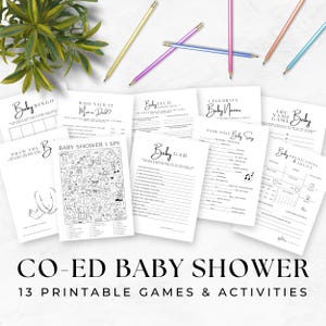 May include: A collection of 13 printable baby shower games and activities, including Baby Bingo, Baby Feud, and Baby Predictions. The games are printed on white paper with black text and are arranged on a white surface. Pencils in various colors are scattered around the games.