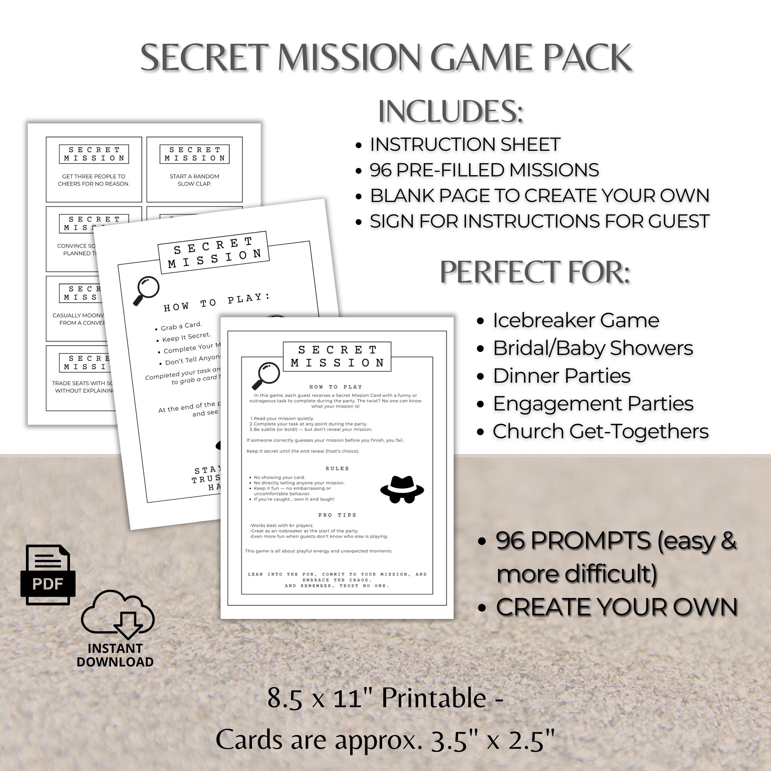 Secret Mission Cards Party Game Printable, Funny Challenge Cards ...