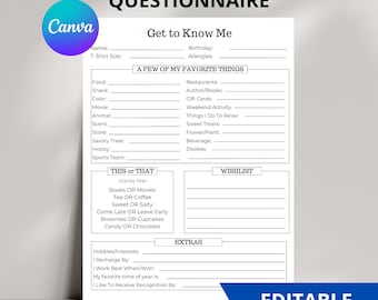 Questionário editável "Conheça você", "Sobre mim para o trabalho", "Perguntas para colegas de trabalho", "Formulário para me conhecer", "Questionário para funcionários", "Troca de presentes no escritório"