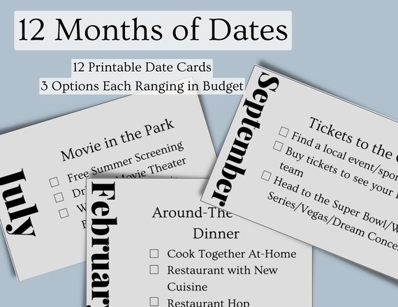 12 Months of Dates Cards Printable Gift for Boyfriend Girlfriend