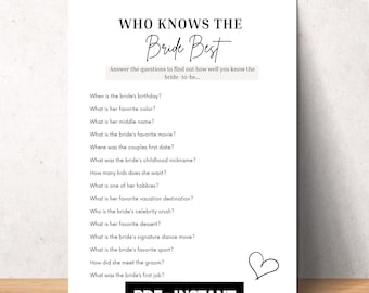 Who Knows The Bride The Best Game?, Who Knows The Bride Best Printable How Well Do You Know The Bride Game, Bridal Shower Who Knows Her Best