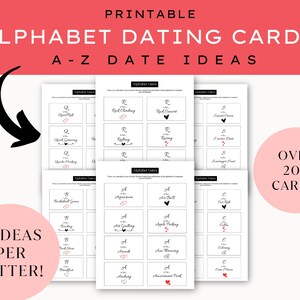 Idées de cartes de rendez-vous avec l'alphabet - Idées de cadeaux de A à Z - Cartes à imprimer avec l'alphabet et les dates - Idées de rendez-vous de A à Z - Agenda alphabétique pour couples