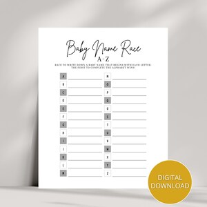 Baby Name Race Baby Shower Game, Alphabet Baby Names, A-Z Name Race Game, Alphabet Race Ice Breaker Activity, Couples Coed Baby Shower Game
