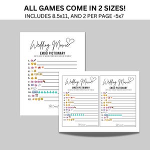 May include: Two printable game cards for a wedding movie emoji pictionary game. The cards are white with black text and feature a pink heart with the words "Wedding Movie" and "Emoji Pictionary". The cards include a list of 12 emojis and a space to write the answers.