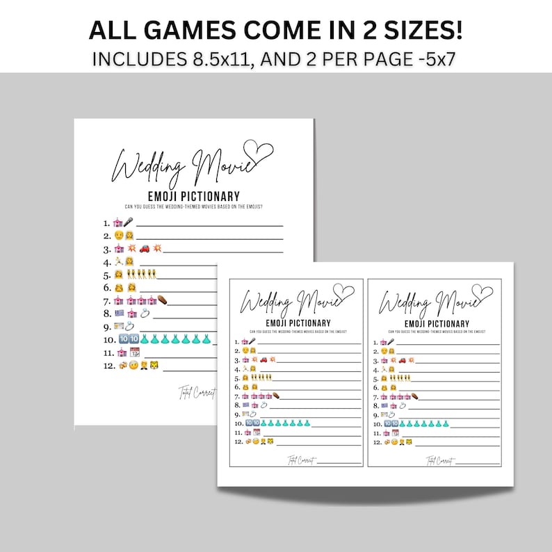 May include: Two printable game cards for a wedding movie emoji pictionary game. The cards are white with black text and feature a pink heart with the words "Wedding Movie" and "Emoji Pictionary". The cards include a list of 12 emojis and a space to write the answers.