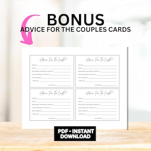 May include: Four printable cards with the text "Advice for the Couple" and blank lines for writing advice for a newly married couple. The cards are black and white with a heart symbol.