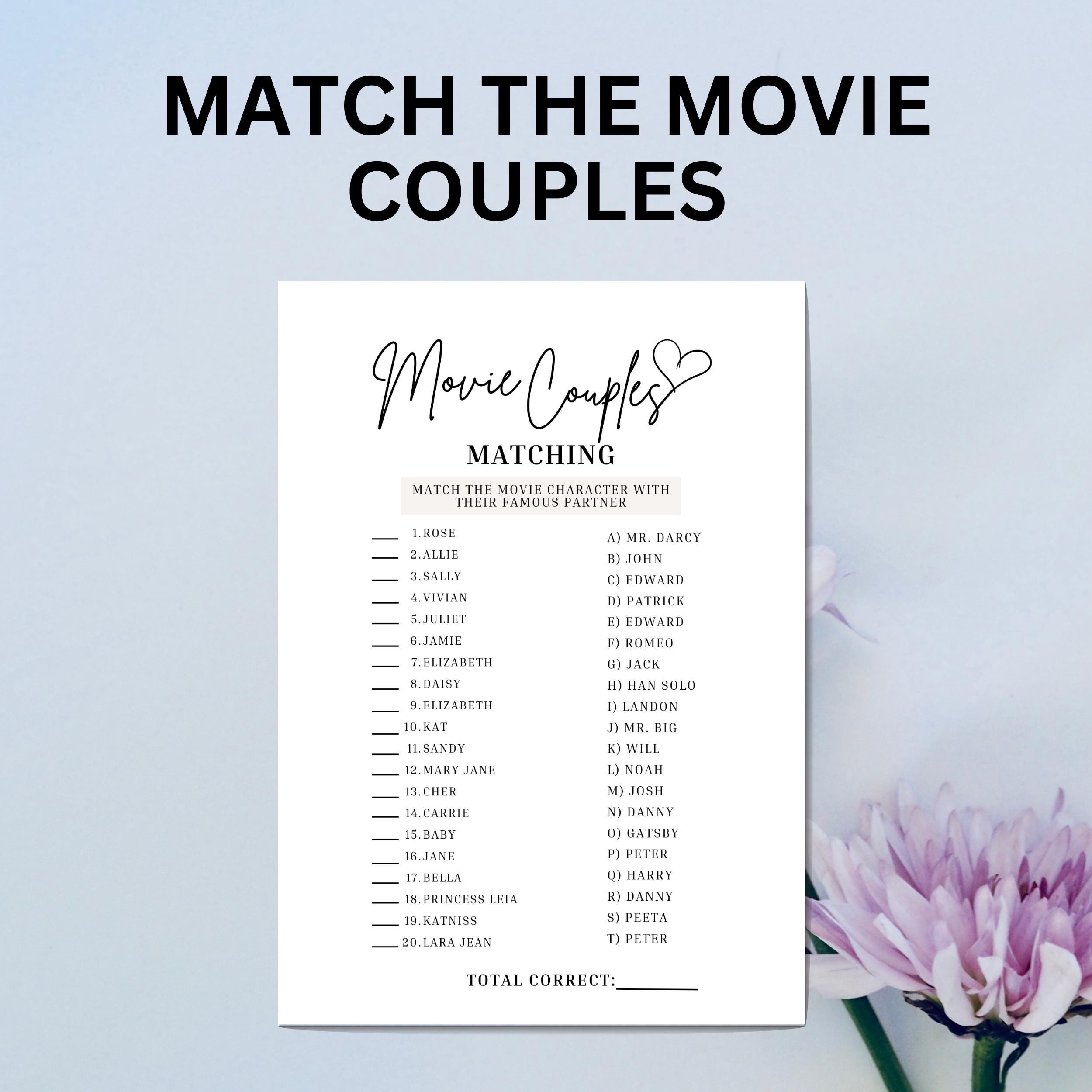 Match the Movie Couples Bridal Shower Game Printable | Match The Famous Couples Game | Match The Couples Game Fun Wedding Shower Game