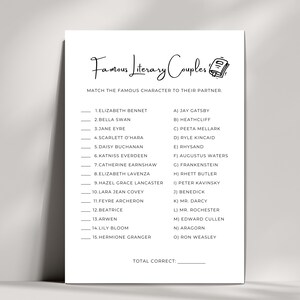 Literary Couples Matching Game, Book Club, Match the Famous Literary Couple Game, Match the Couples Bridal Shower Games, Book Theme Shower
