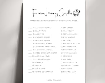 Literary Couples Matching Game, Book Club, Match the Famous Literary Couple Game, Match the Couples Bridal Shower Games, Book Theme Shower