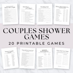 Puede incluir: Una colección de 20 juegos imprimibles para la despedida de soltera en papel blanco. Los juegos incluyen "Twenty Questions About The Couple", "Is it Over or Under?", "Wedding Gab" y "Who's More Likely to..." en texto negro. Las palabras "Couples Shower Games" están en texto grande.