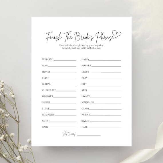Finish The Bride's Phrase Game, What Did The Bride Say, Guess The Bride Phrases Bridal Shower Game, Wedding Shower Games & Activities PDF