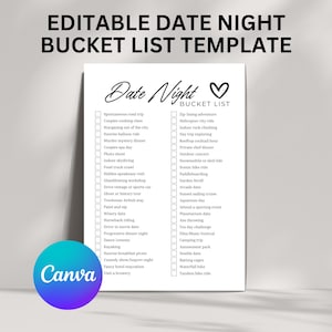 Könnte beinhalten: Eine editierbare Bucket-List-Vorlage für einen romantischen Abend in Schwarz-Weiß. Die Liste enthält Ideen wie spontane Roadtrips, Kochkurse für Paare und Cocktails auf dem Dach. Das Canva-Logo ist unten links zu sehen.