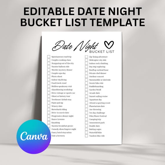 Printable Couples Bucket List Date Night Ideas Checklist Editable, Date Night Bucket List, Dates for Couples List Template, Canva Date Idea