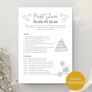 May include: A black and white printable bridal shower game titled "Bridal Shower Plate on Head." The game includes drawing prompts and a scoring guide. A digital download button is in the lower right corner.
