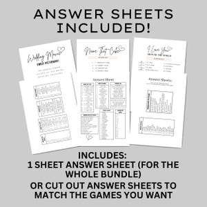 May include: A set of printable wedding game answer sheets. The games include "Wedding Movie Emoji Pictionary", "Name That Cake", and "I Love You Around the World". The text "INCLUDES: 1 SHEET ANSWER SHEET (FOR THE WHOLE BUNDLE) OR CUT OUT ANSWER SHEETS TO MATCH THE GAMES YOU WANT" is printed at the bottom of the image.